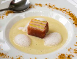 CREAM OF ONION SOUP WITH GLEBE BRETHAN CHEESE AND POTATO TERRINE
